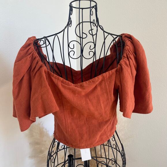 Jonathan Simkhai Flutter Sleeve Cotton Linen Quince Cropped Bodice Top NEW Sz 6 - Picture 4 of 11